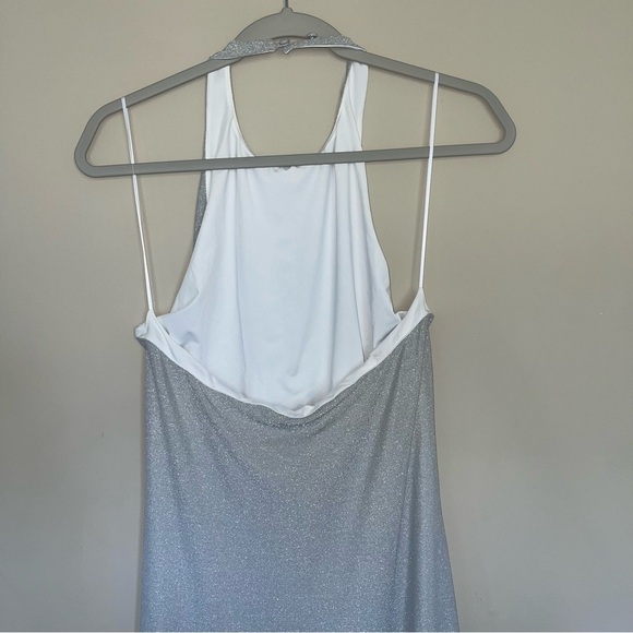 Reformation Selene Knit Dress in Silver Sparklr L Halter Neck Open Back NWT - Picture 11 of 12